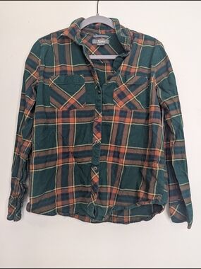 Natural Reflections Teal Plaid Button-Down Shirt with Rust and Cream Stripes